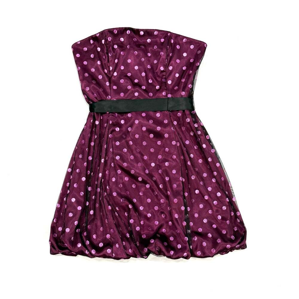 Vintage Blondie Nites Magenta Polka Dot Strapless Bubble Hem Party Dress